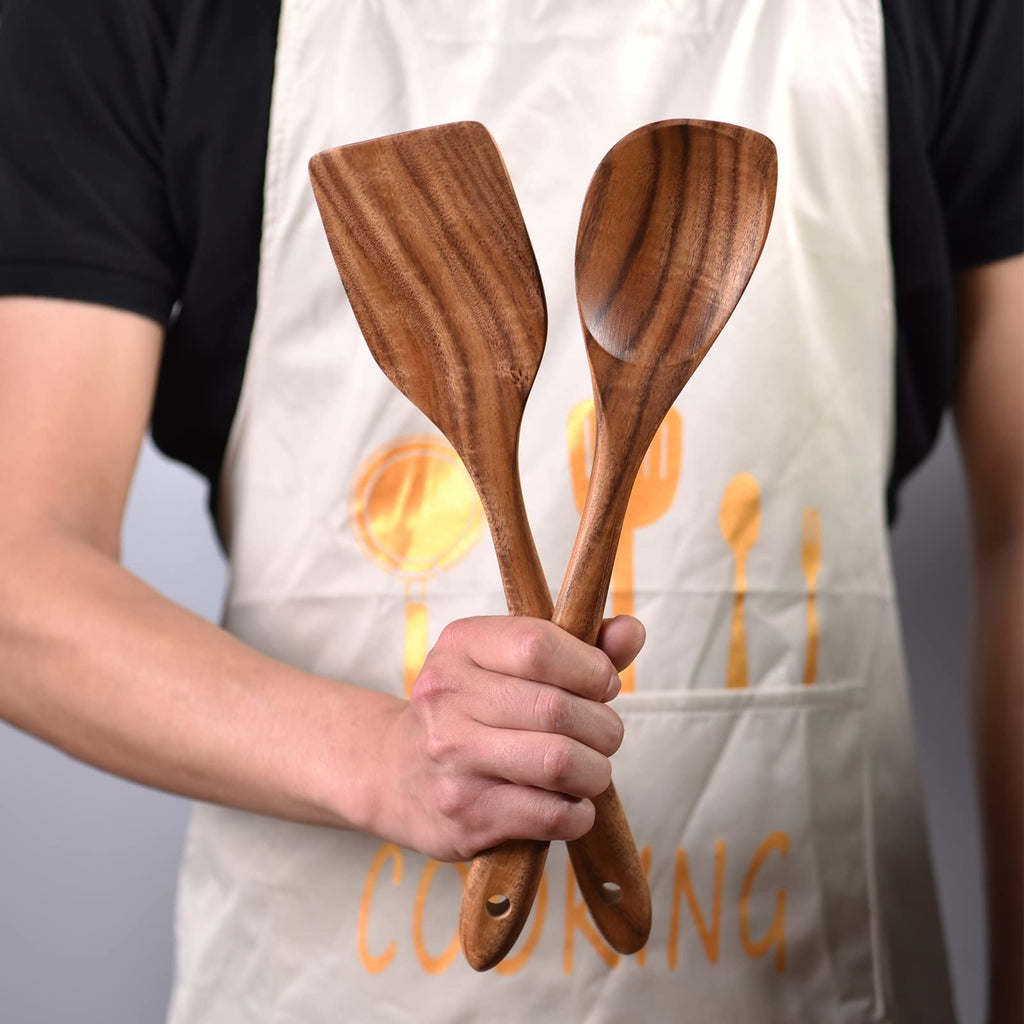 Gudamaye 13 inch Long Wooden Spoons for Cooking, 9 PCS Natural Teak Wooden Kitchen Utensil Set with Utensils Holder Made of Australia Camphor Laurel Wood，Wooden Utensils for Cooking