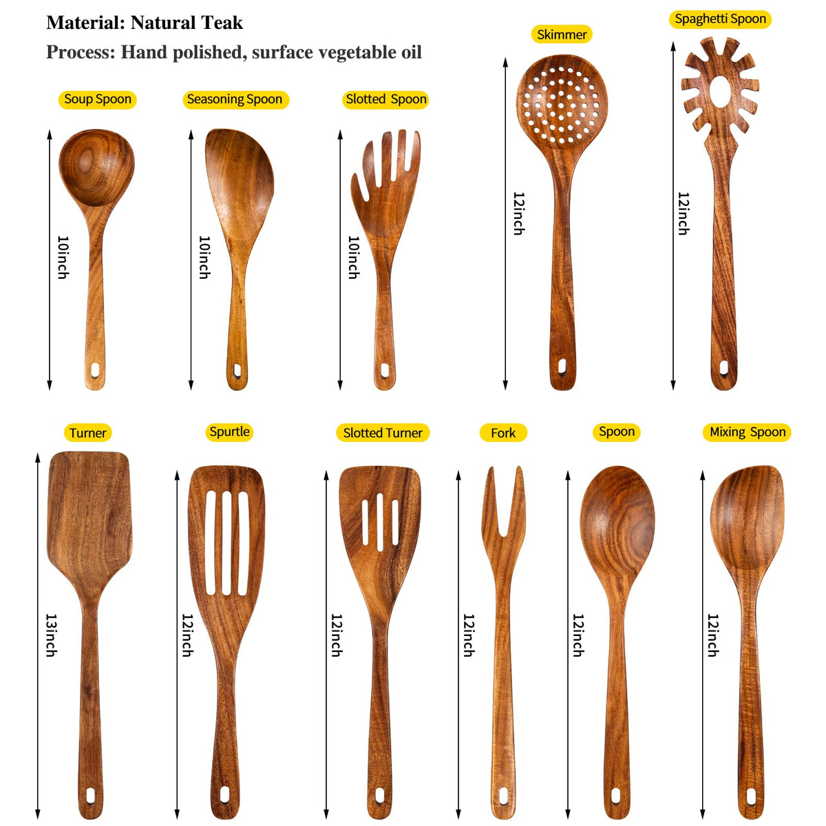 Gudamaye 13 inch Long Wooden Spoons for Cooking, 9 PCS Natural Teak Wooden Kitchen Utensil Set with Utensils Holder Made of Australia Camphor Laurel Wood，Wooden Utensils for Cooking