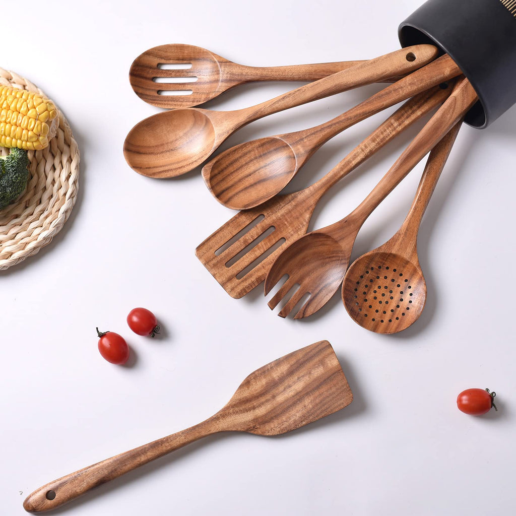 Gudamaye 13 inch Long Wooden Spoons for Cooking, 9 PCS Natural Teak Wooden Kitchen Utensil Set with Utensils Holder Made of Australia Camphor Laurel Wood，Wooden Utensils for Cooking