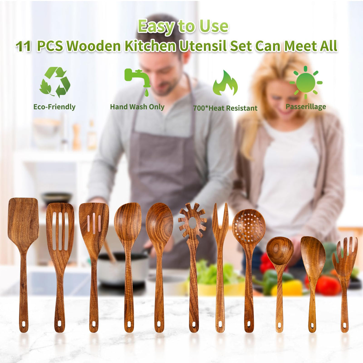 Gudamaye 13 inch Long Wooden Spoons for Cooking, 9 PCS Natural Teak Wooden Kitchen Utensil Set with Utensils Holder Made of Australia Camphor Laurel Wood，Wooden Utensils for Cooking