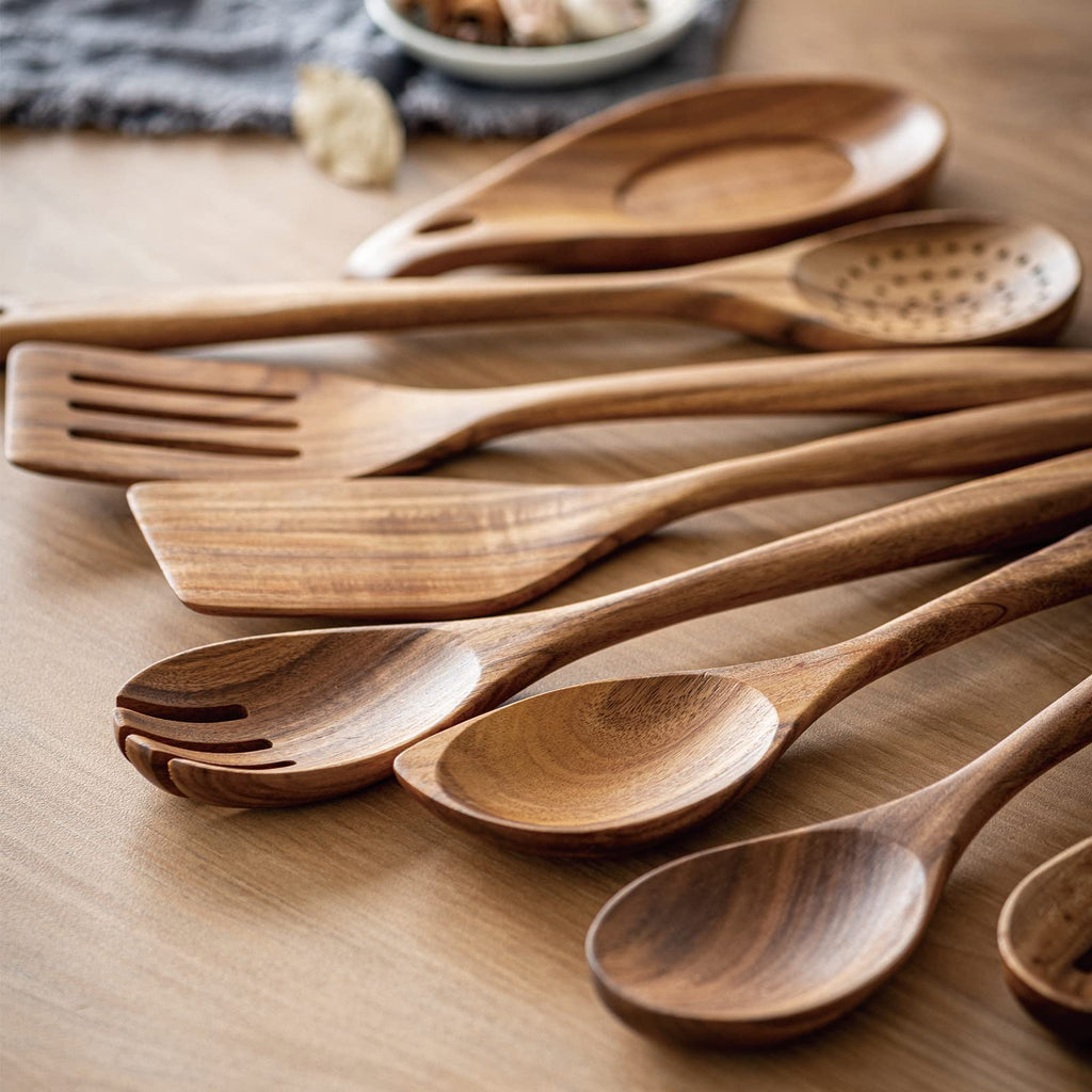 Gudamaye 13 inch Long Wooden Spoons for Cooking, 9 PCS Natural Teak Wooden Kitchen Utensil Set with Utensils Holder Made of Australia Camphor Laurel Wood，Wooden Utensils for Cooking