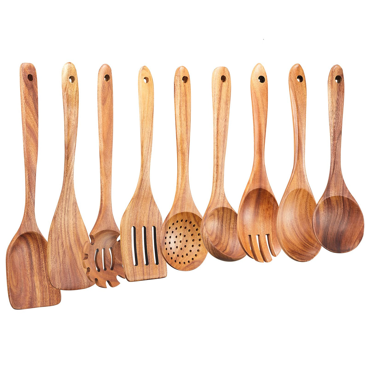 Gudamaye 13 inch Long Wooden Spoons for Cooking, 9 PCS Natural Teak Wooden Kitchen Utensil Set with Utensils Holder Made of Australia Camphor Laurel Wood，Wooden Utensils for Cooking