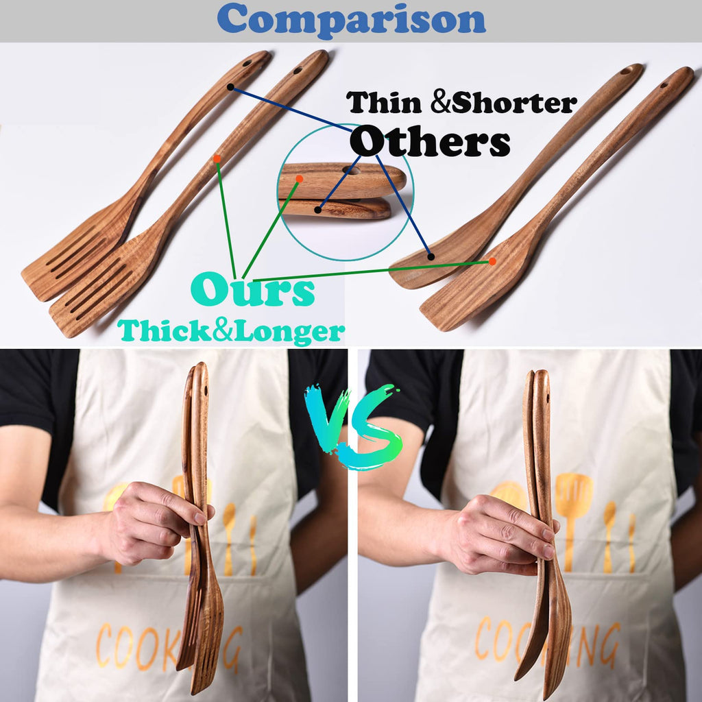 Gudamaye 13 inch Long Wooden Spoons for Cooking, 9 PCS Natural Teak Wooden Kitchen Utensil Set with Utensils Holder Made of Australia Camphor Laurel Wood，Wooden Utensils for Cooking