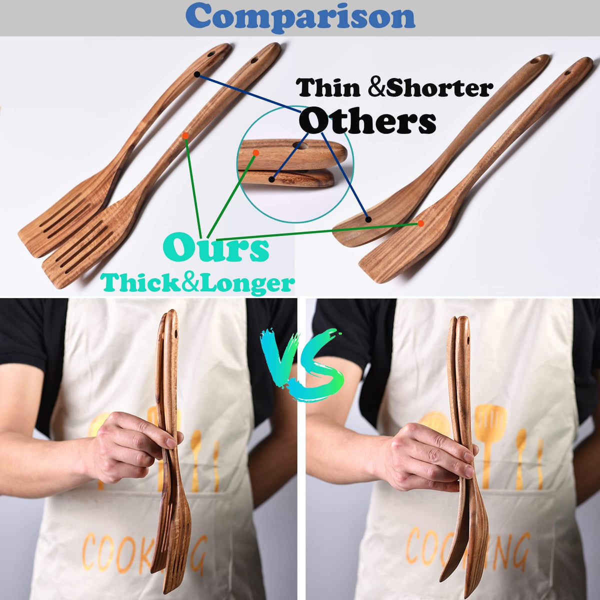 Gudamaye 13 inch Long Wooden Spoons for Cooking, 9 PCS Natural Teak Wooden Kitchen Utensil Set with Utensils Holder Made of Australia Camphor Laurel Wood，Wooden Utensils for Cooking