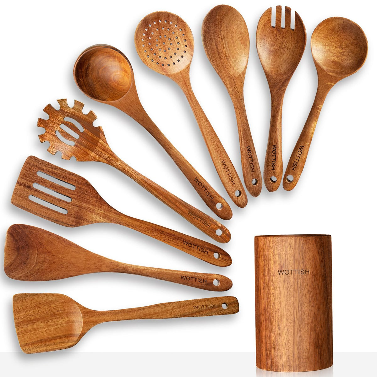 Wooden Spoons for Cooking - 8-Piece Wooden Kitchen Utensil Set made of Natural Solid Wood Material-Includes Spoons,Spatulas,Ladles,Mixing Spoon and Utensil Holder,Valentine's Day Gifts