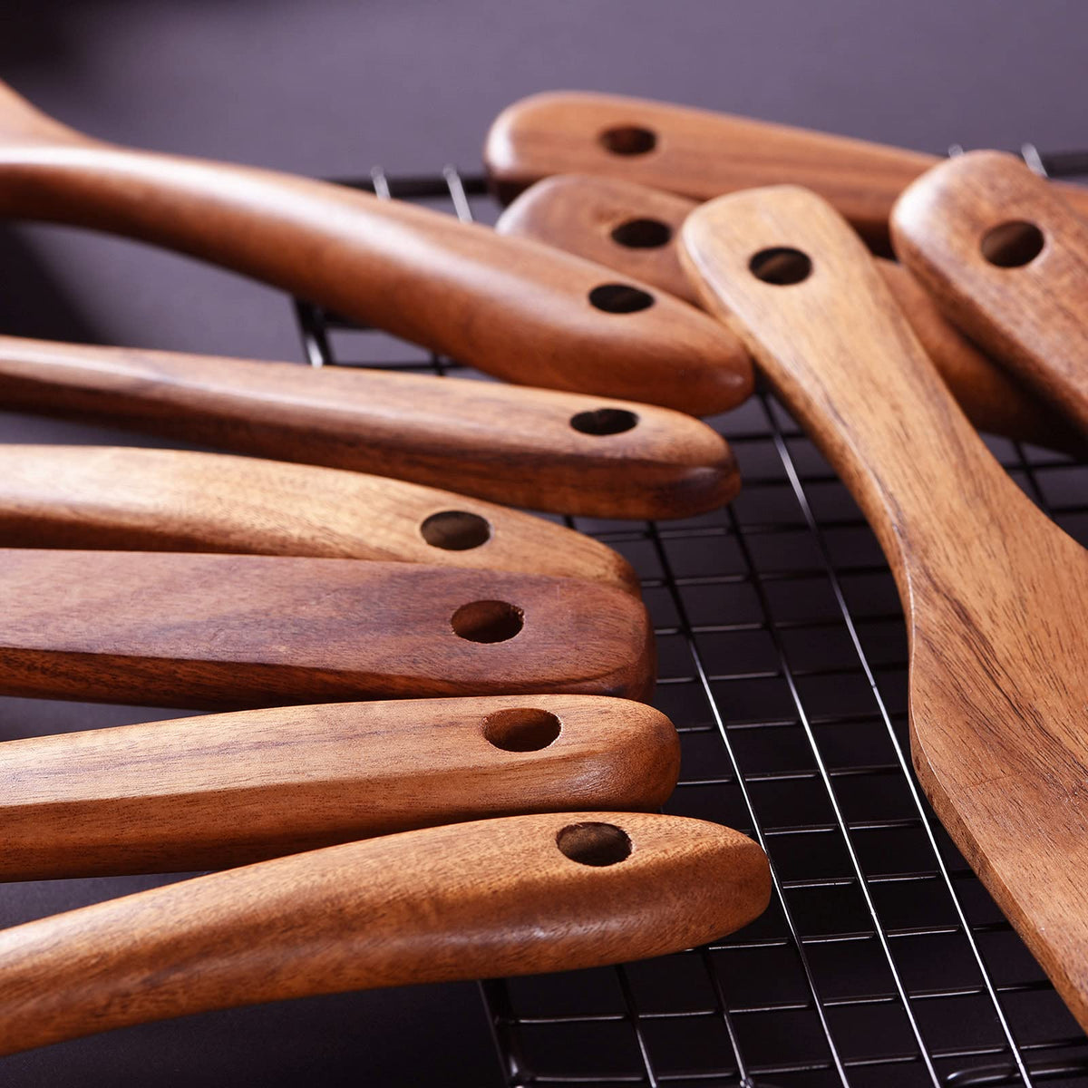 Gudamaye 13 inch Long Wooden Spoons for Cooking, 9 PCS Natural Teak Wooden Kitchen Utensil Set with Utensils Holder Made of Australia Camphor Laurel Wood，Wooden Utensils for Cooking
