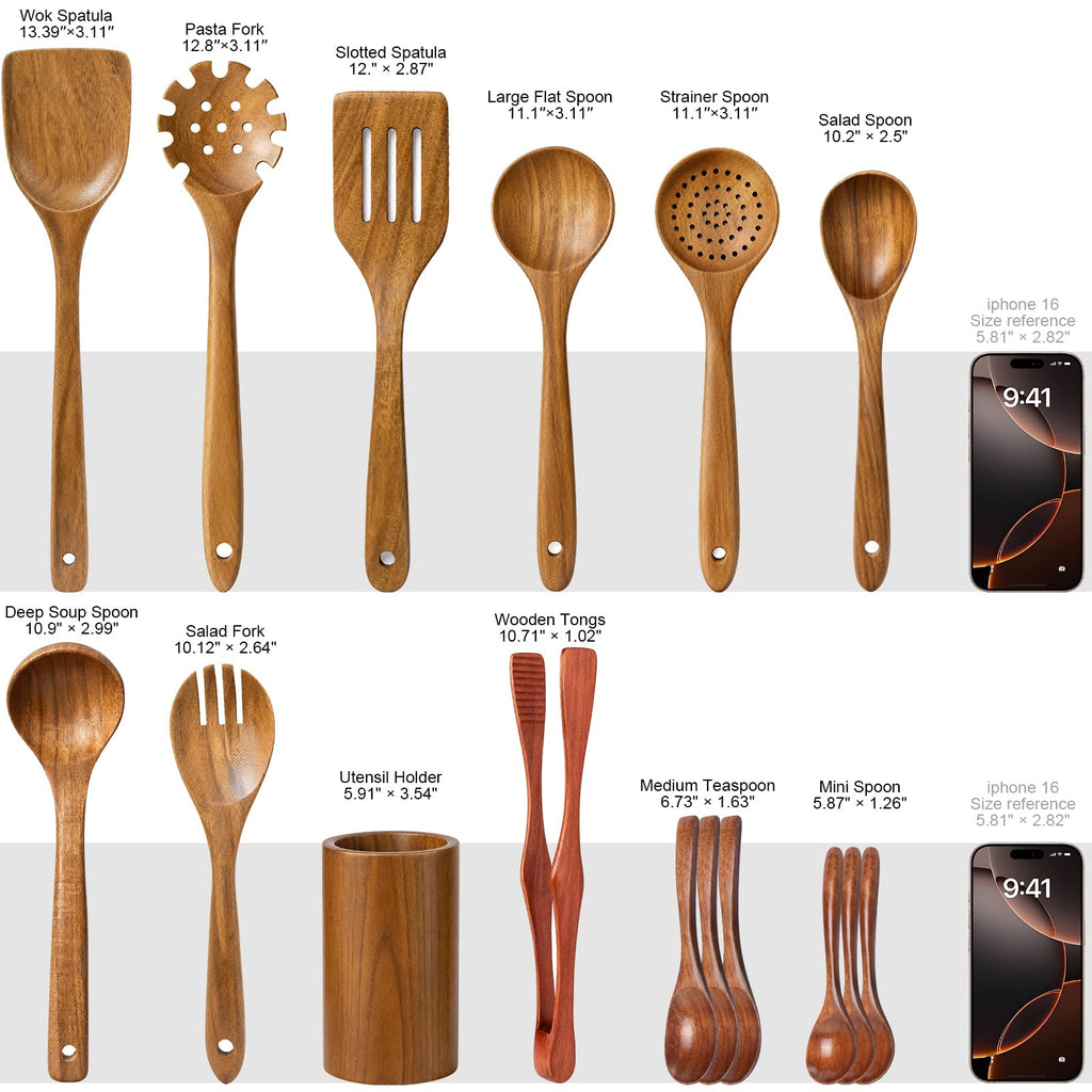 Wooden Spoons for Cooking - 8-Piece Wooden Kitchen Utensil Set made of Natural Solid Wood Material-Includes Spoons,Spatulas,Ladles,Mixing Spoon and Utensil Holder,Valentine's Day Gifts