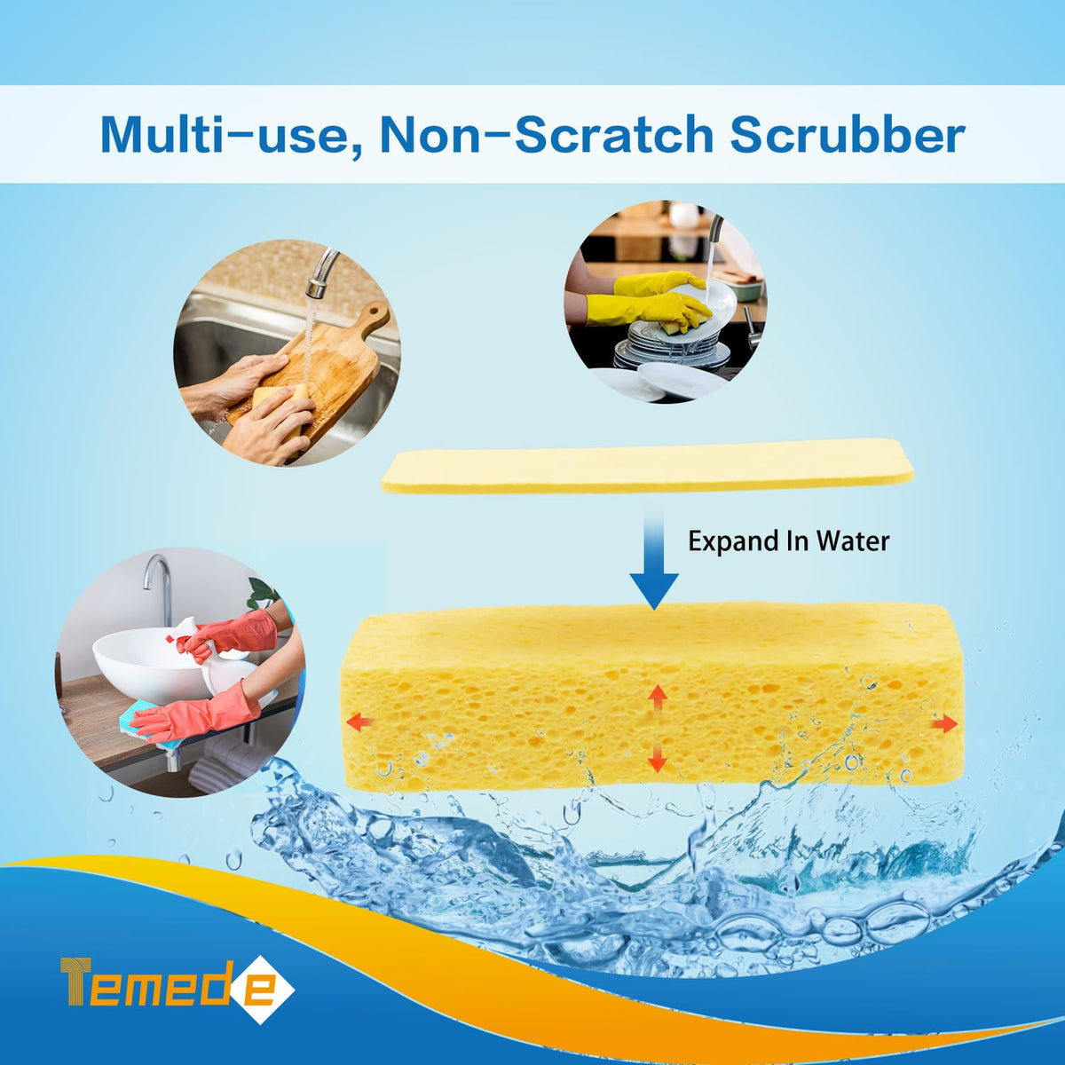 Temede Large Cellulose Sponges, Thick Absorbent Kitchen Sponges, 10-Pack
