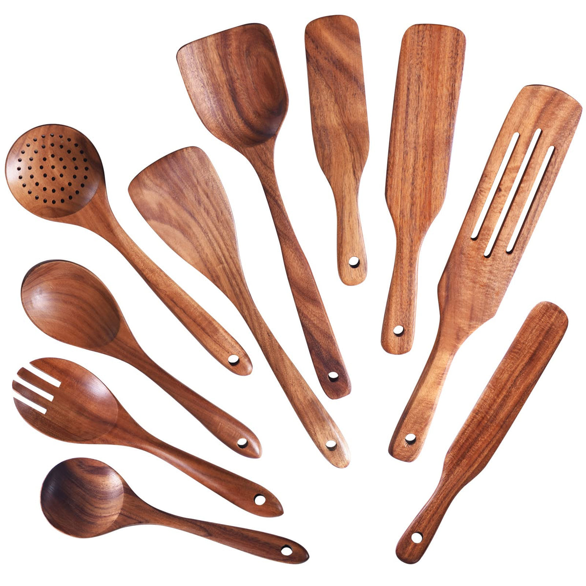 Gudamaye 13 inch Long Wooden Spoons for Cooking, 9 PCS Natural Teak Wooden Kitchen Utensil Set with Utensils Holder Made of Australia Camphor Laurel Wood，Wooden Utensils for Cooking
