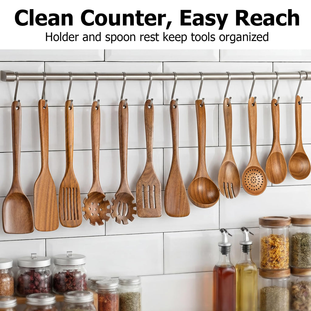 Wooden Spoons for Cooking - 8-Piece Wooden Kitchen Utensil Set made of Natural Solid Wood Material-Includes Spoons,Spatulas,Ladles,Mixing Spoon and Utensil Holder,Valentine's Day Gifts