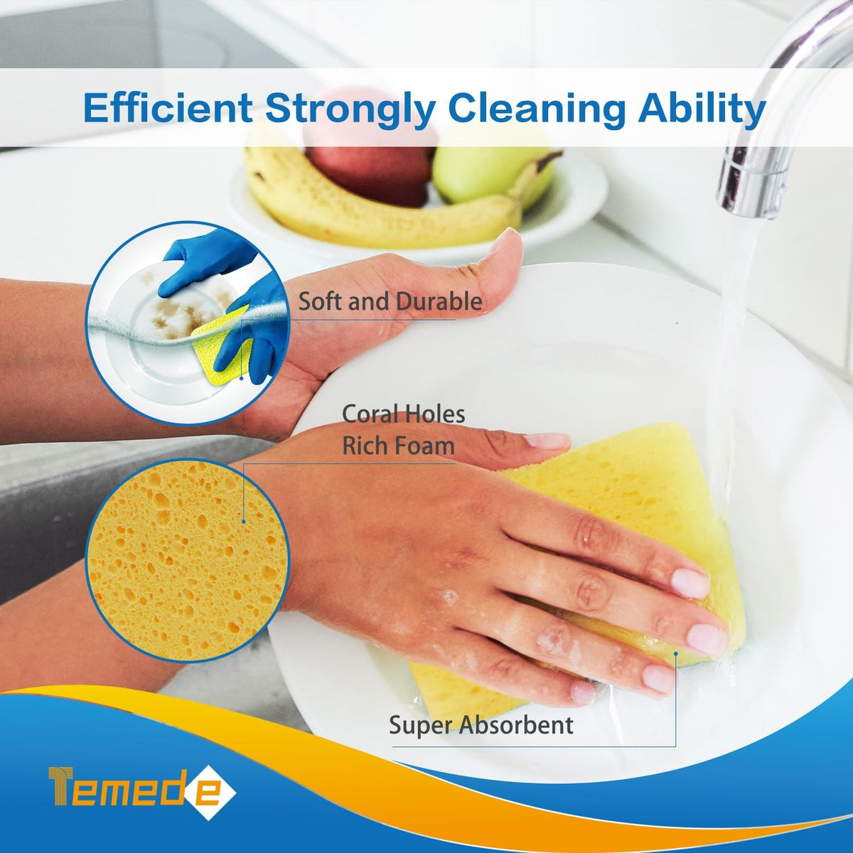 Temede Large Cellulose Sponges, Thick Absorbent Kitchen Sponges, 10-Pack