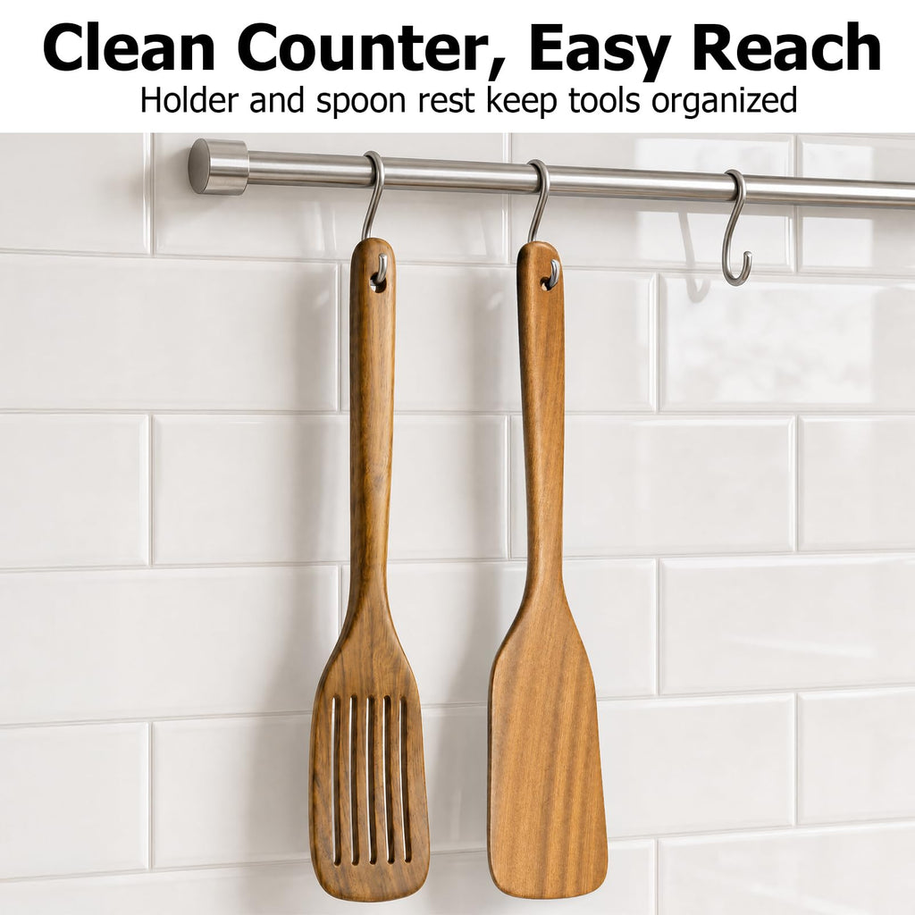 Wooden Spoons for Cooking - 8-Piece Wooden Kitchen Utensil Set made of Natural Solid Wood Material-Includes Spoons,Spatulas,Ladles,Mixing Spoon and Utensil Holder,Valentine's Day Gifts