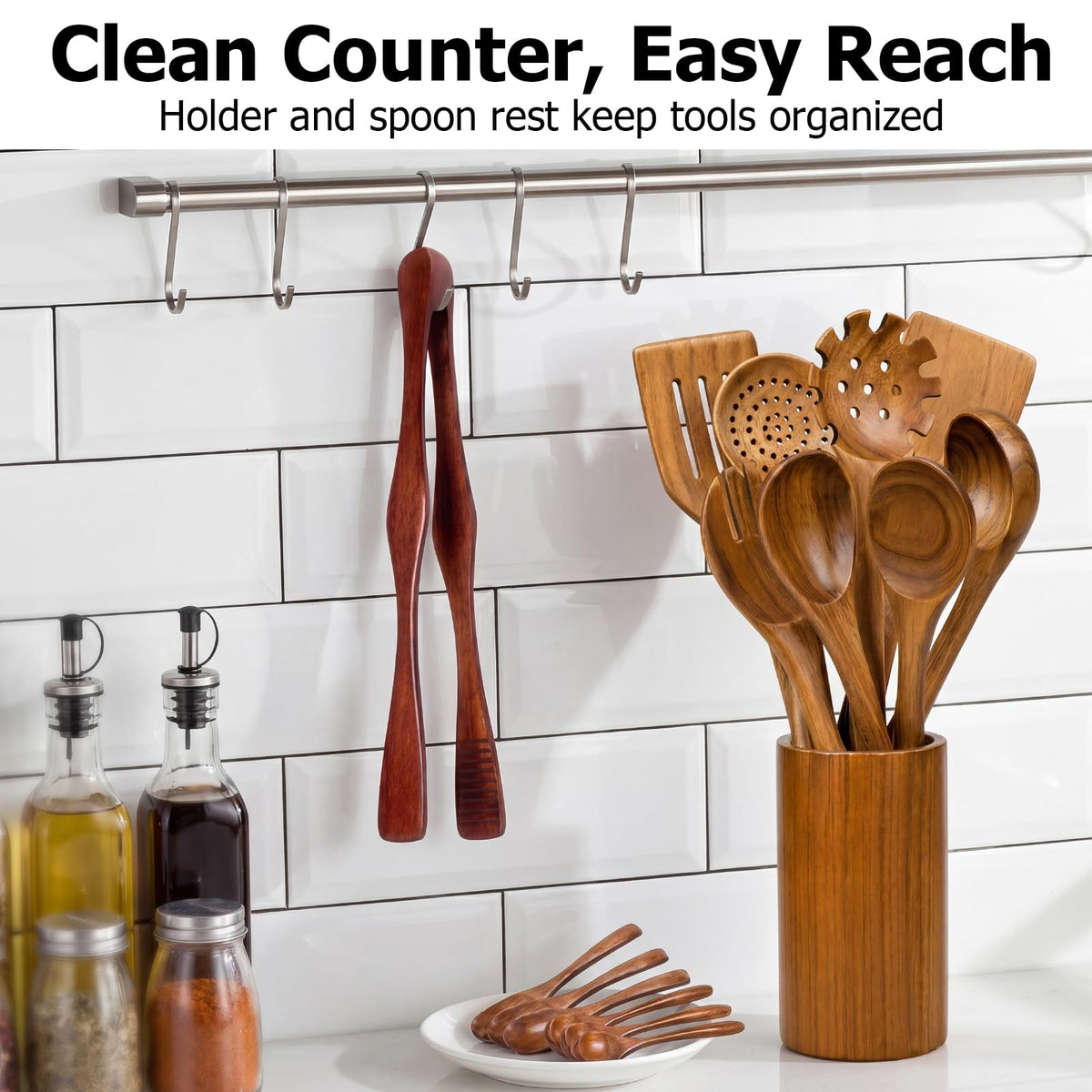 Wooden Spoons for Cooking - 8-Piece Wooden Kitchen Utensil Set made of Natural Solid Wood Material-Includes Spoons,Spatulas,Ladles,Mixing Spoon and Utensil Holder,Valentine's Day Gifts
