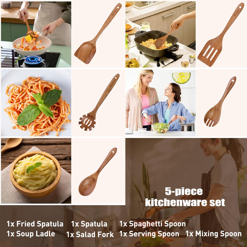 Wooden Spoons for Cooking - 8-Piece Wooden Kitchen Utensil Set made of Natural Solid Wood Material-Includes Spoons,Spatulas,Ladles,Mixing Spoon and Utensil Holder,Valentine's Day Gifts