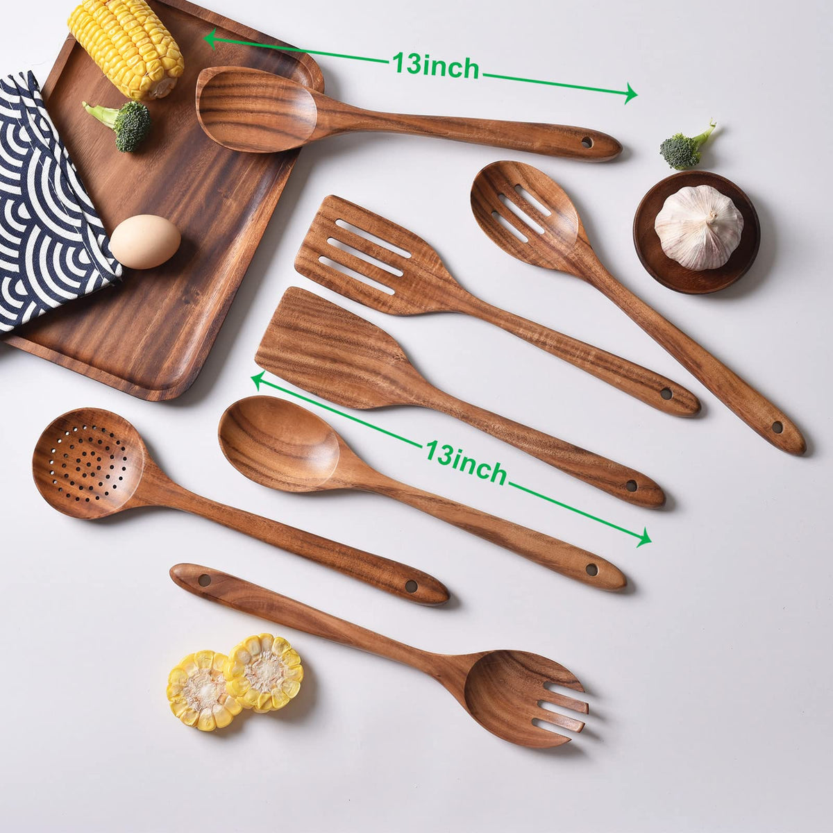 Gudamaye 13 inch Long Wooden Spoons for Cooking, 9 PCS Natural Teak Wooden Kitchen Utensil Set with Utensils Holder Made of Australia Camphor Laurel Wood，Wooden Utensils for Cooking