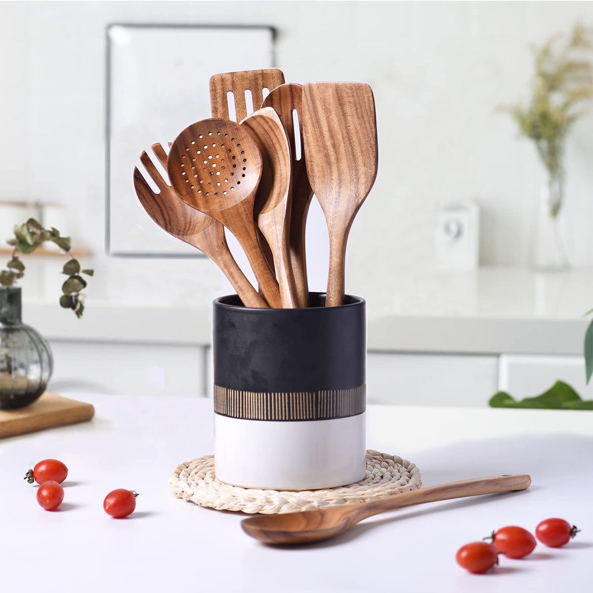 Gudamaye 13 inch Long Wooden Spoons for Cooking, 9 PCS Natural Teak Wooden Kitchen Utensil Set with Utensils Holder Made of Australia Camphor Laurel Wood，Wooden Utensils for Cooking