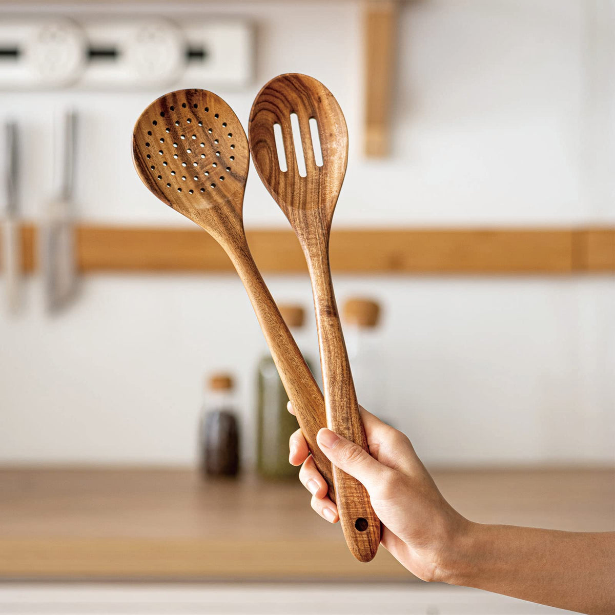 Gudamaye 13 inch Long Wooden Spoons for Cooking, 9 PCS Natural Teak Wooden Kitchen Utensil Set with Utensils Holder Made of Australia Camphor Laurel Wood，Wooden Utensils for Cooking