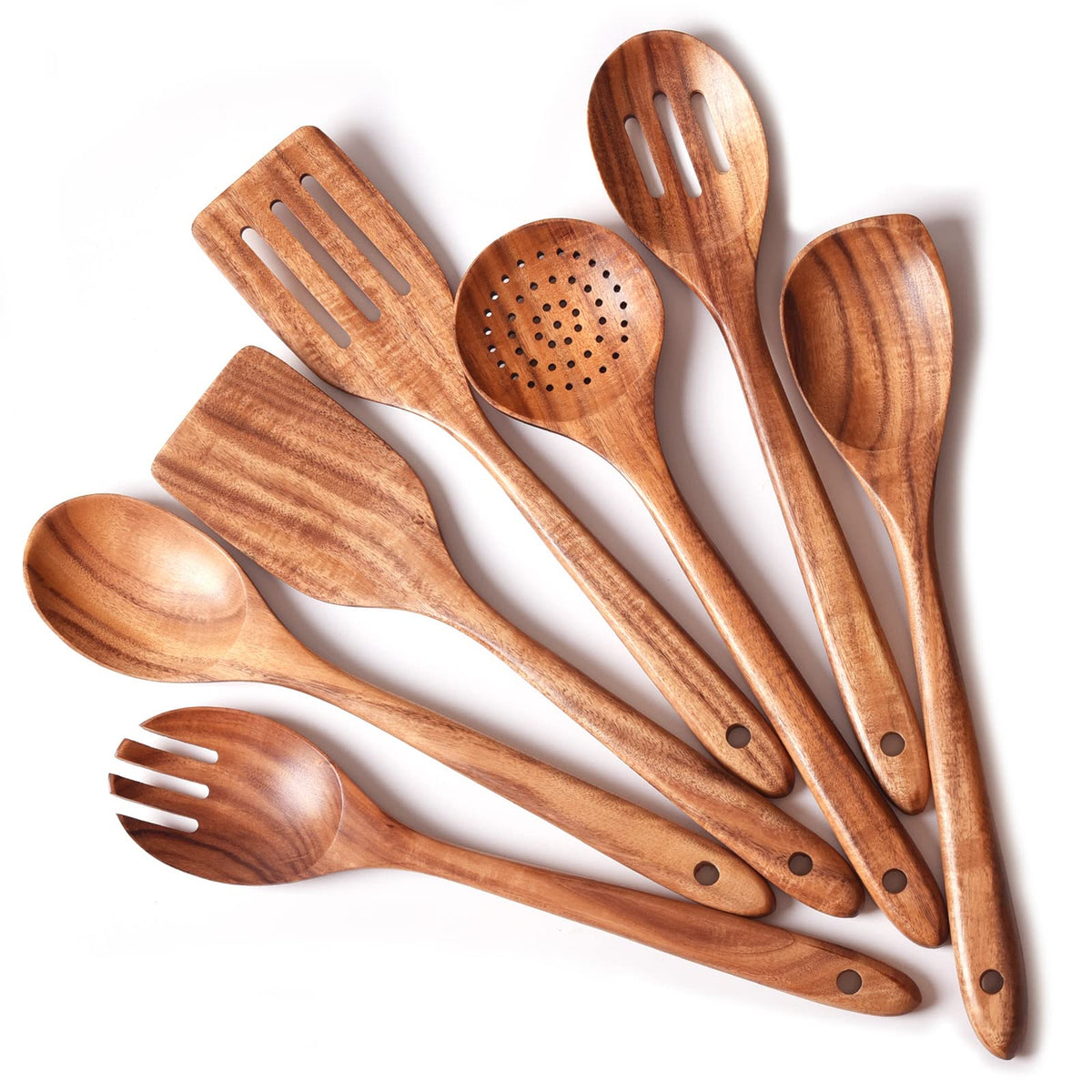 Gudamaye 13 inch Long Wooden Spoons for Cooking, 9 PCS Natural Teak Wooden Kitchen Utensil Set with Utensils Holder Made of Australia Camphor Laurel Wood，Wooden Utensils for Cooking