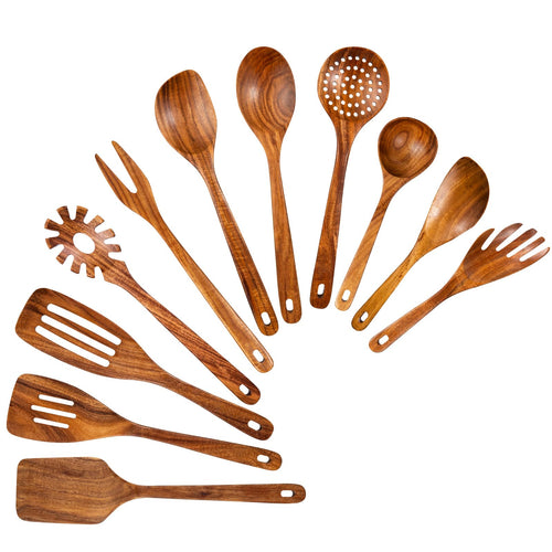 Gudamaye 13 inch Long Wooden Spoons for Cooking, 9 PCS Natural Teak Wooden Kitchen Utensil Set with Utensils Holder Made of Australia Camphor Laurel Wood，Wooden Utensils for Cooking