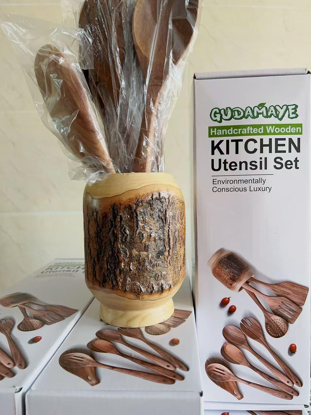 Gudamaye 13 inch Long Wooden Spoons for Cooking, 9 PCS Natural Teak Wooden Kitchen Utensil Set with Utensils Holder Made of Australia Camphor Laurel Wood，Wooden Utensils for Cooking