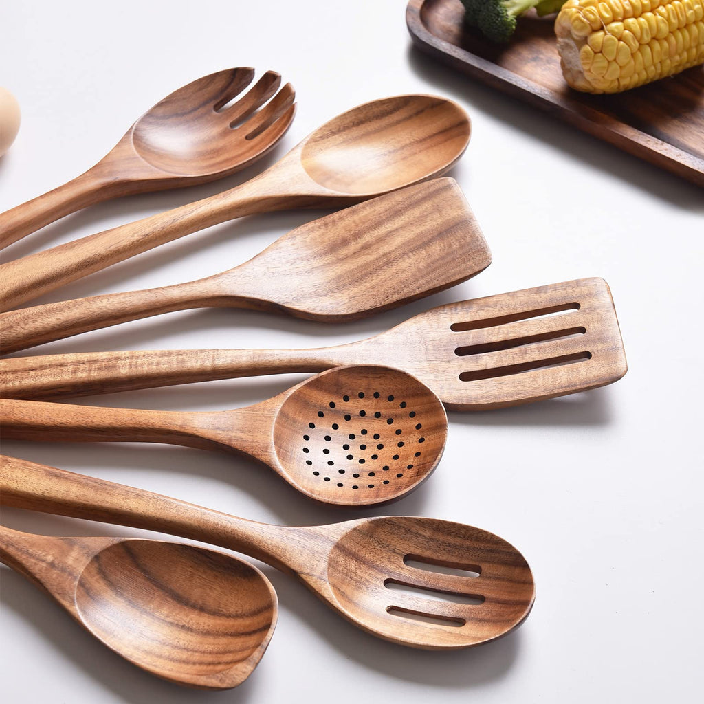 Gudamaye 13 inch Long Wooden Spoons for Cooking, 9 PCS Natural Teak Wooden Kitchen Utensil Set with Utensils Holder Made of Australia Camphor Laurel Wood，Wooden Utensils for Cooking