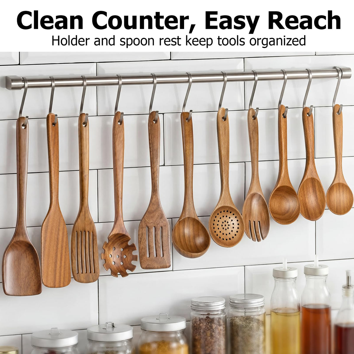 Wooden Spoons for Cooking - 8-Piece Wooden Kitchen Utensil Set made of Natural Solid Wood Material-Includes Spoons,Spatulas,Ladles,Mixing Spoon and Utensil Holder,Valentine's Day Gifts
