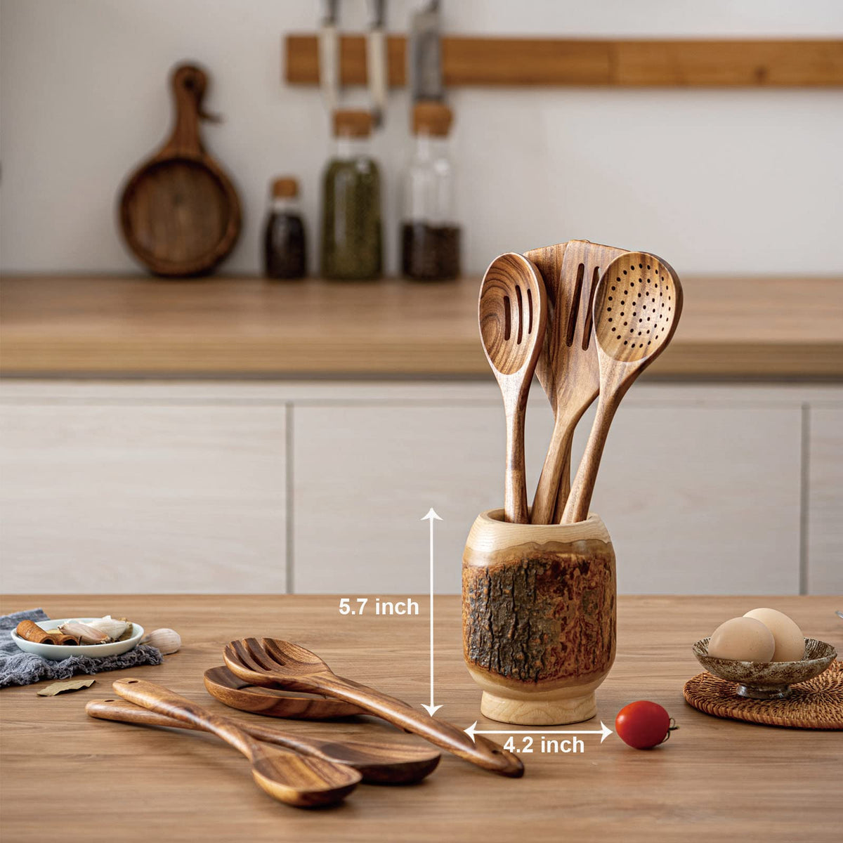 Gudamaye 13 inch Long Wooden Spoons for Cooking, 9 PCS Natural Teak Wooden Kitchen Utensil Set with Utensils Holder Made of Australia Camphor Laurel Wood，Wooden Utensils for Cooking