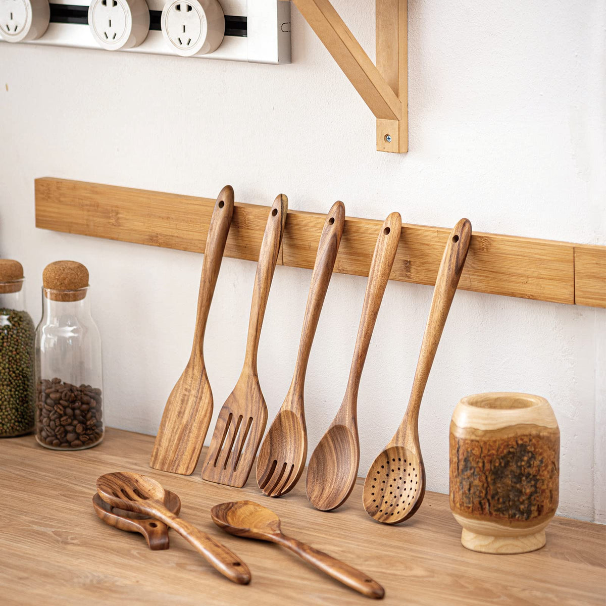 Gudamaye 13 inch Long Wooden Spoons for Cooking, 9 PCS Natural Teak Wooden Kitchen Utensil Set with Utensils Holder Made of Australia Camphor Laurel Wood，Wooden Utensils for Cooking