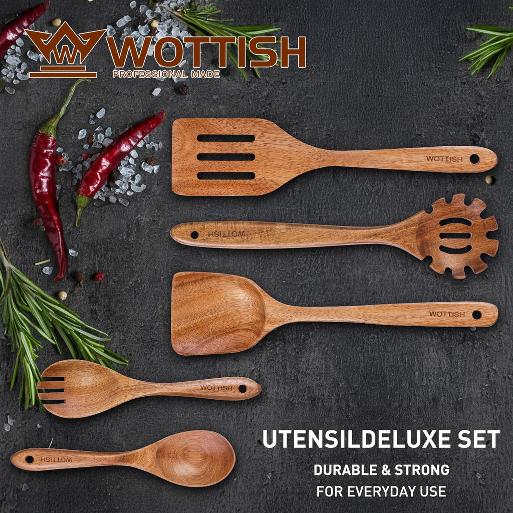 Wooden Spoons for Cooking - 8-Piece Wooden Kitchen Utensil Set made of Natural Solid Wood Material-Includes Spoons,Spatulas,Ladles,Mixing Spoon and Utensil Holder,Valentine's Day Gifts