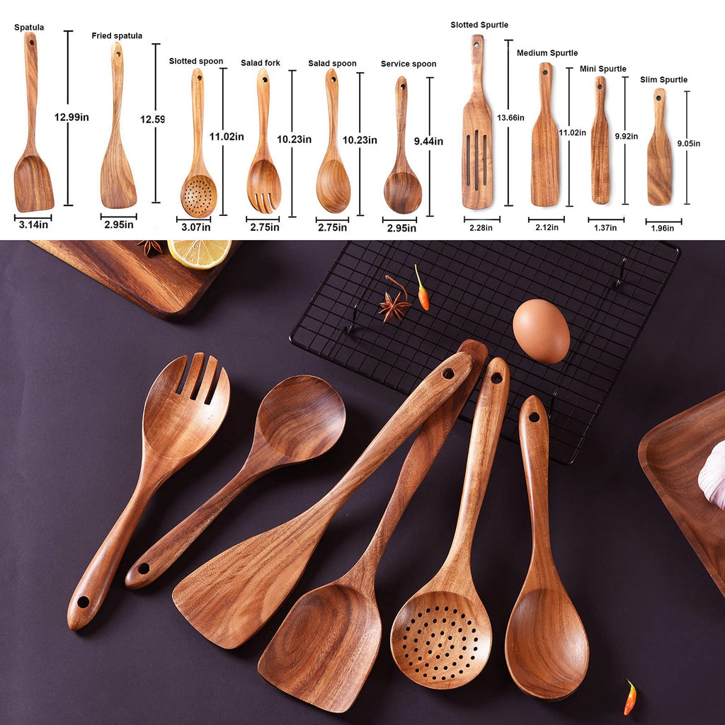 Gudamaye 13 inch Long Wooden Spoons for Cooking, 9 PCS Natural Teak Wooden Kitchen Utensil Set with Utensils Holder Made of Australia Camphor Laurel Wood，Wooden Utensils for Cooking