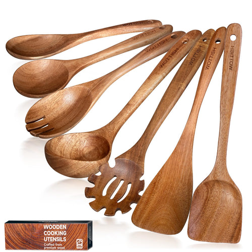 Wooden Spoons for Cooking - 8-Piece Wooden Kitchen Utensil Set made of Natural Solid Wood Material-Includes Spoons,Spatulas,Ladles,Mixing Spoon and Utensil Holder,Valentine's Day Gifts