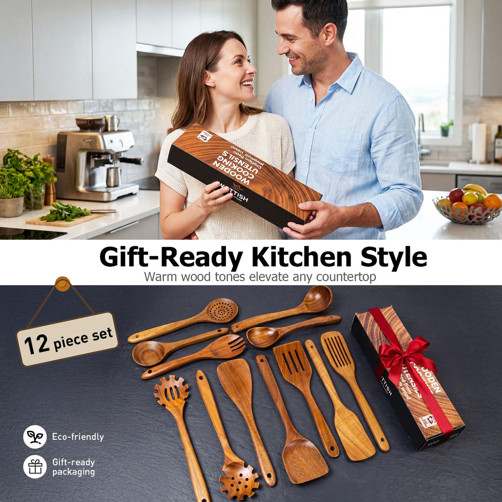 Wooden Spoons for Cooking - 8-Piece Wooden Kitchen Utensil Set made of Natural Solid Wood Material-Includes Spoons,Spatulas,Ladles,Mixing Spoon and Utensil Holder,Valentine's Day Gifts