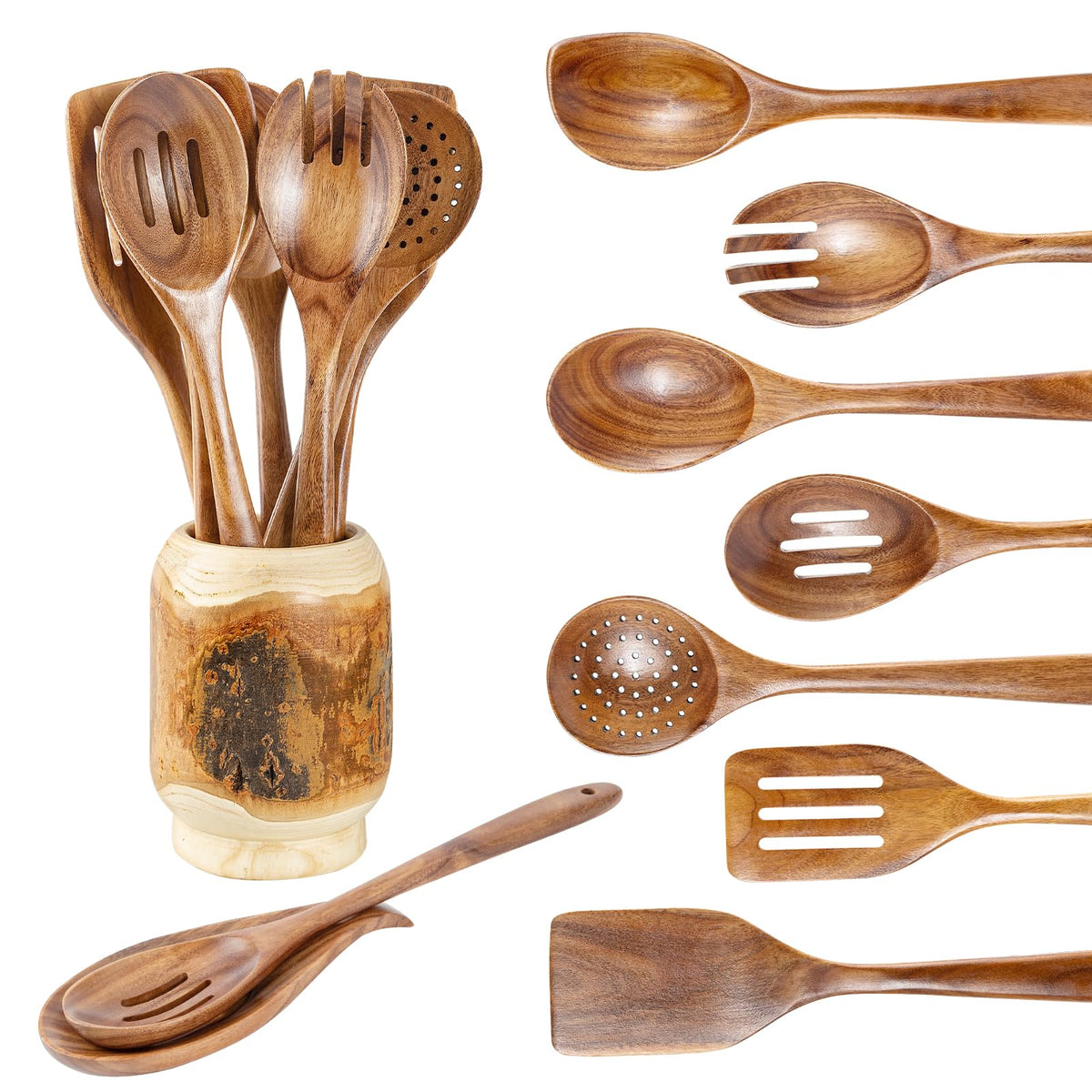 Gudamaye 13 inch Long Wooden Spoons for Cooking, 9 PCS Natural Teak Wooden Kitchen Utensil Set with Utensils Holder Made of Australia Camphor Laurel Wood，Wooden Utensils for Cooking