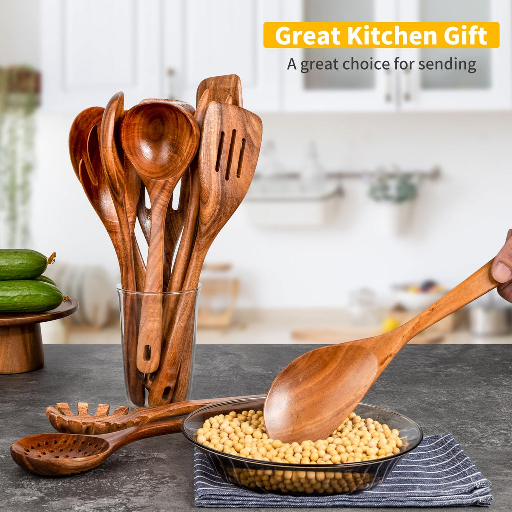 Gudamaye 13 inch Long Wooden Spoons for Cooking, 9 PCS Natural Teak Wooden Kitchen Utensil Set with Utensils Holder Made of Australia Camphor Laurel Wood，Wooden Utensils for Cooking