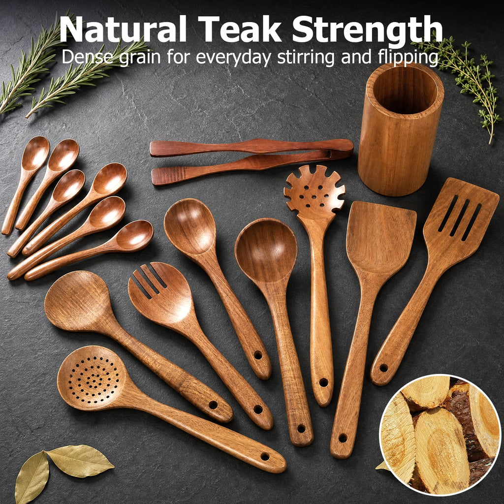 Wooden Spoons for Cooking - 8-Piece Wooden Kitchen Utensil Set made of Natural Solid Wood Material-Includes Spoons,Spatulas,Ladles,Mixing Spoon and Utensil Holder,Valentine's Day Gifts
