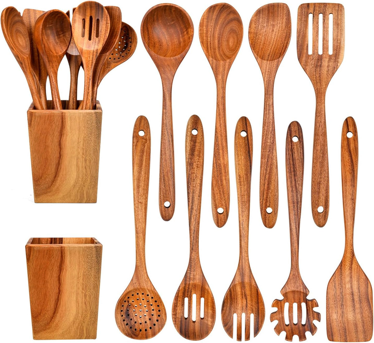 Gudamaye 13 inch Long Wooden Spoons for Cooking, 9 PCS Natural Teak Wooden Kitchen Utensil Set with Utensils Holder Made of Australia Camphor Laurel Wood，Wooden Utensils for Cooking
