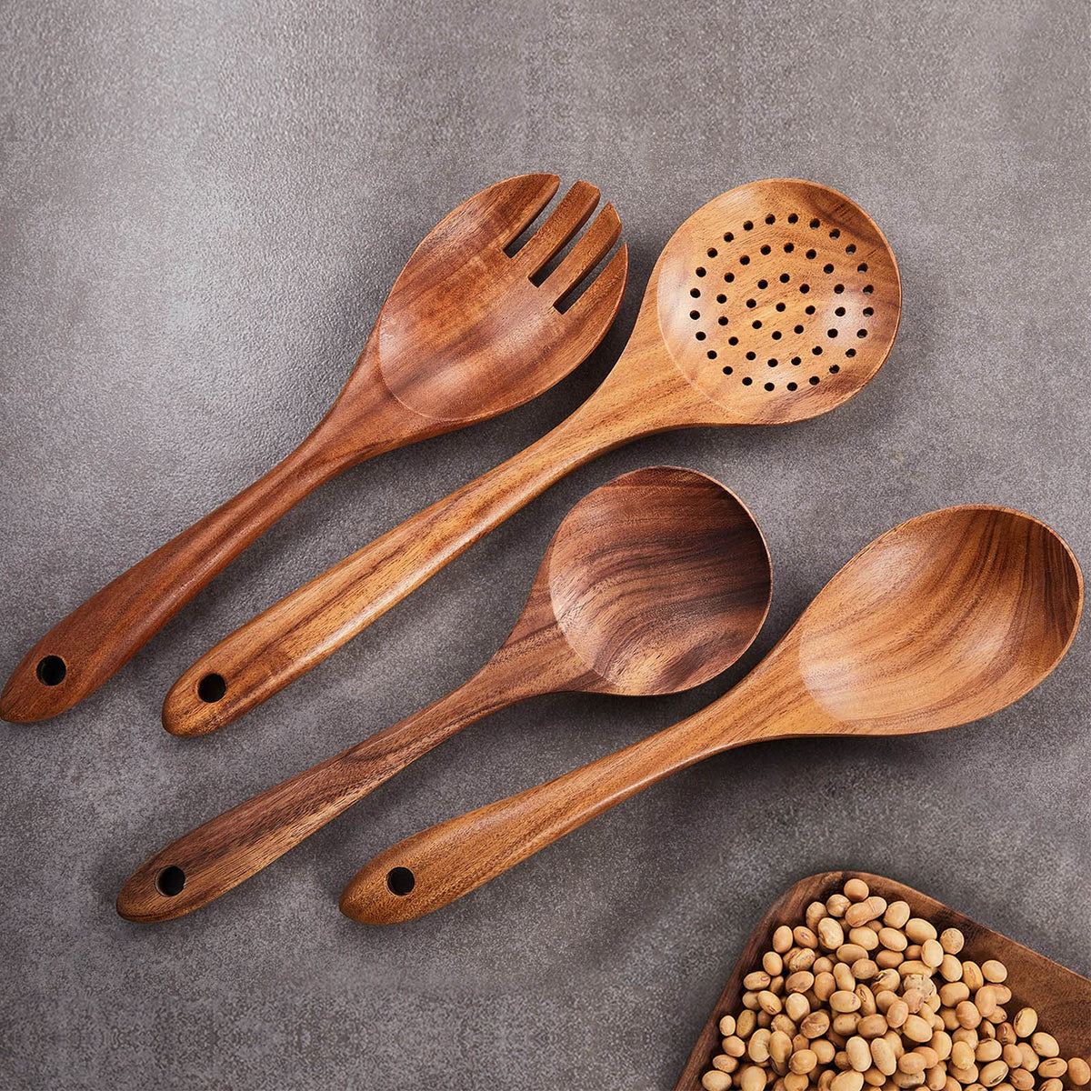 Gudamaye 13 inch Long Wooden Spoons for Cooking, 9 PCS Natural Teak Wooden Kitchen Utensil Set with Utensils Holder Made of Australia Camphor Laurel Wood，Wooden Utensils for Cooking