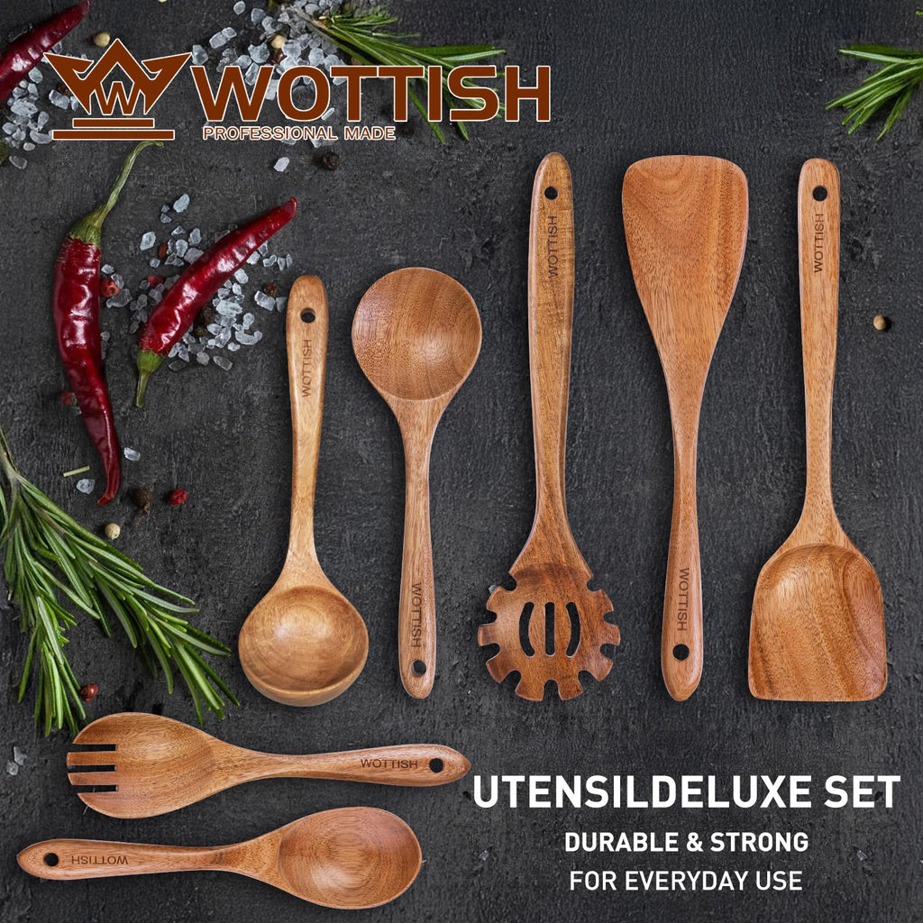 Wooden Spoons for Cooking - 8-Piece Wooden Kitchen Utensil Set made of Natural Solid Wood Material-Includes Spoons,Spatulas,Ladles,Mixing Spoon and Utensil Holder,Valentine's Day Gifts