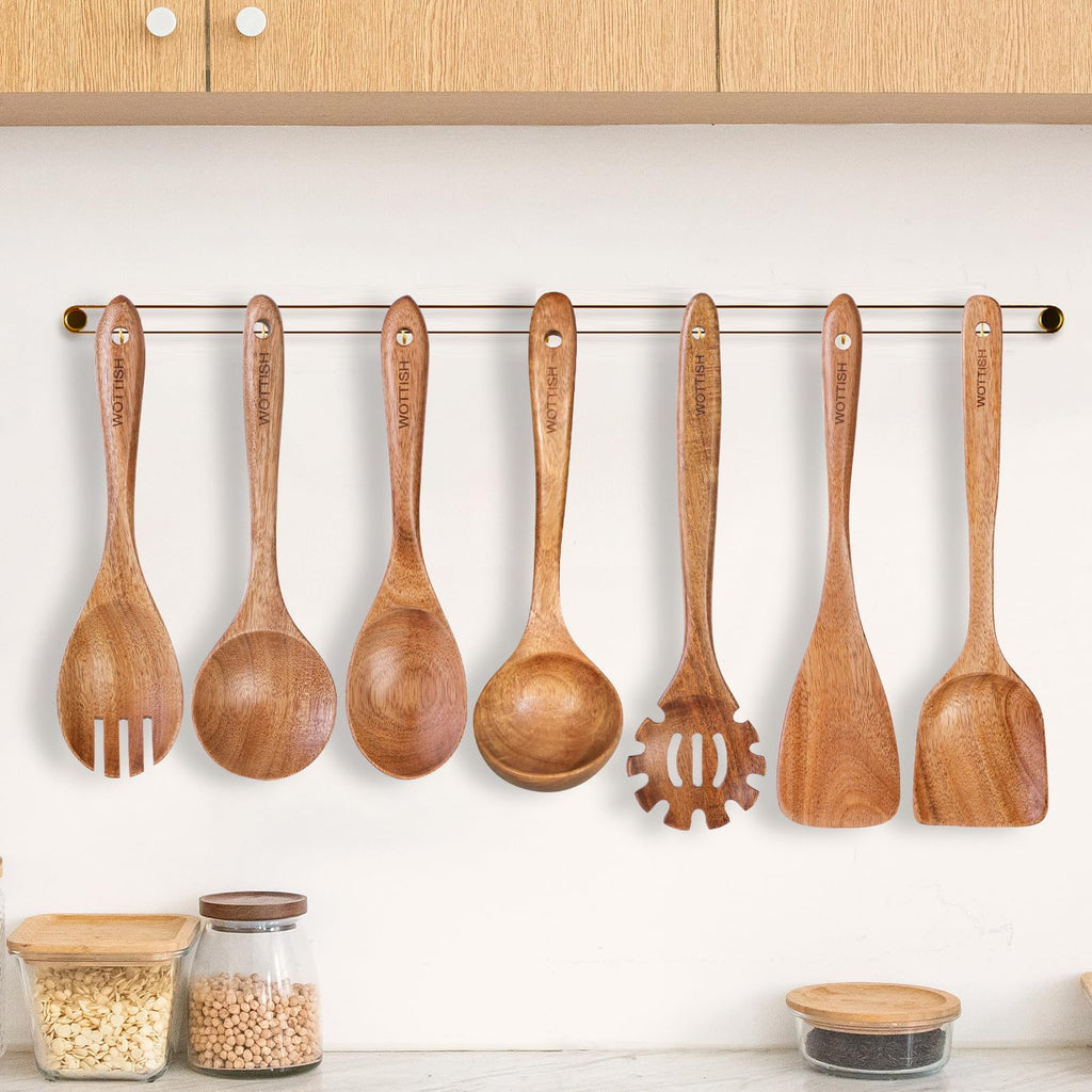 Wooden Spoons for Cooking - 8-Piece Wooden Kitchen Utensil Set made of Natural Solid Wood Material-Includes Spoons,Spatulas,Ladles,Mixing Spoon and Utensil Holder,Valentine's Day Gifts