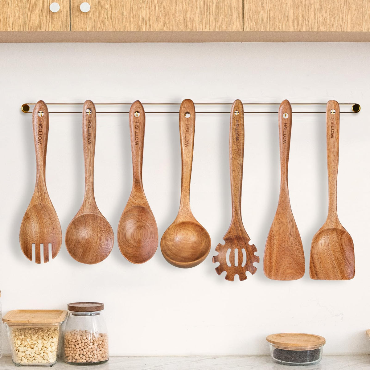 Wooden Spoons for Cooking - 8-Piece Wooden Kitchen Utensil Set made of Natural Solid Wood Material-Includes Spoons,Spatulas,Ladles,Mixing Spoon and Utensil Holder,Valentine's Day Gifts