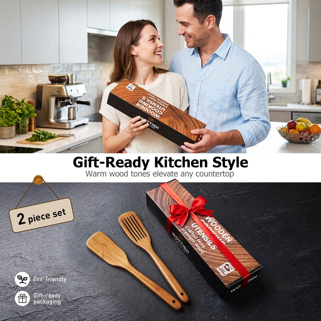 Wooden Spoons for Cooking - 8-Piece Wooden Kitchen Utensil Set made of Natural Solid Wood Material-Includes Spoons,Spatulas,Ladles,Mixing Spoon and Utensil Holder,Valentine's Day Gifts