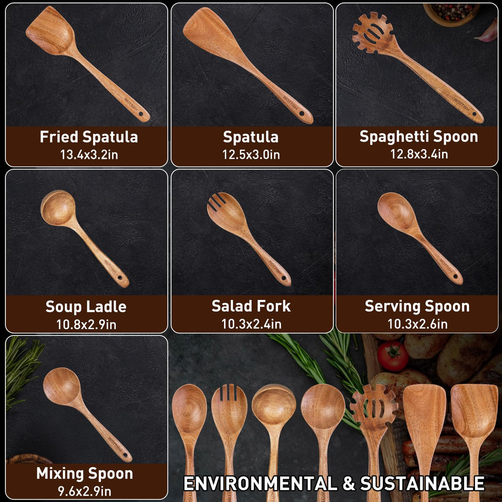 Wooden Spoons for Cooking - 8-Piece Wooden Kitchen Utensil Set made of Natural Solid Wood Material-Includes Spoons,Spatulas,Ladles,Mixing Spoon and Utensil Holder,Valentine's Day Gifts