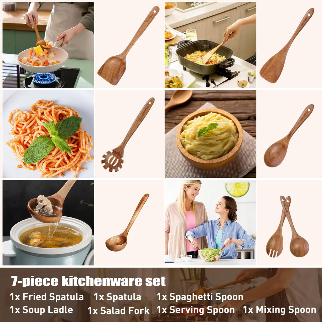 Wooden Spoons for Cooking - 8-Piece Wooden Kitchen Utensil Set made of Natural Solid Wood Material-Includes Spoons,Spatulas,Ladles,Mixing Spoon and Utensil Holder,Valentine's Day Gifts