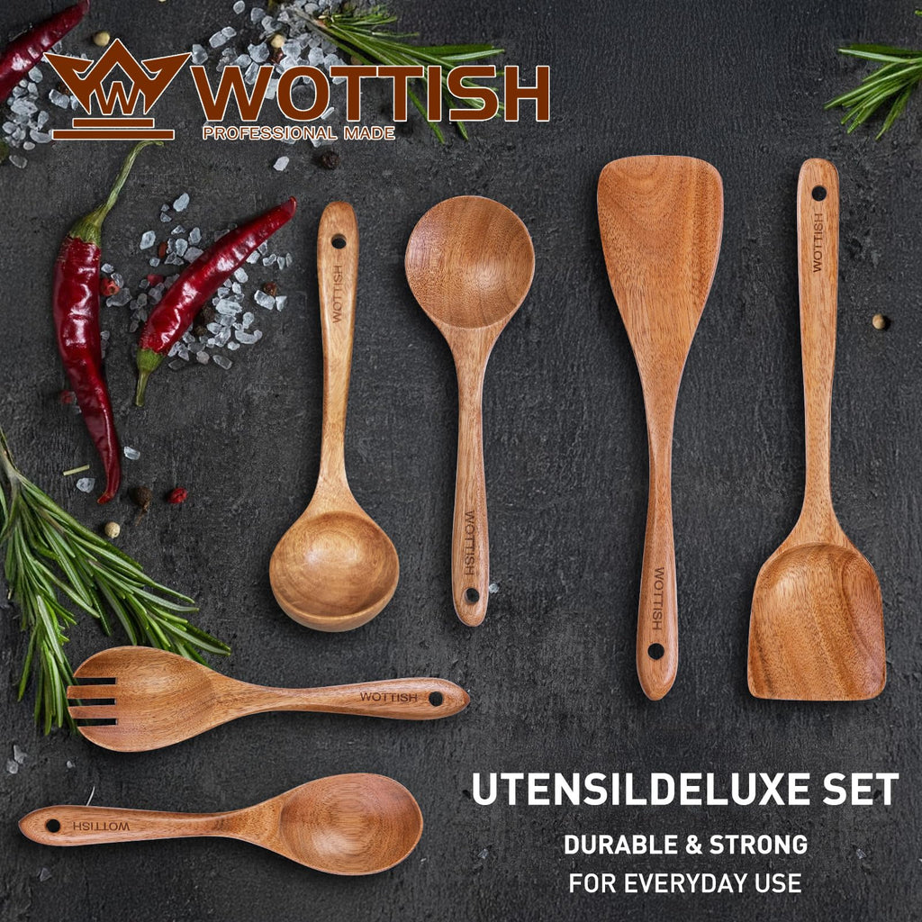 Wooden Spoons for Cooking - 8-Piece Wooden Kitchen Utensil Set made of Natural Solid Wood Material-Includes Spoons,Spatulas,Ladles,Mixing Spoon and Utensil Holder,Valentine's Day Gifts