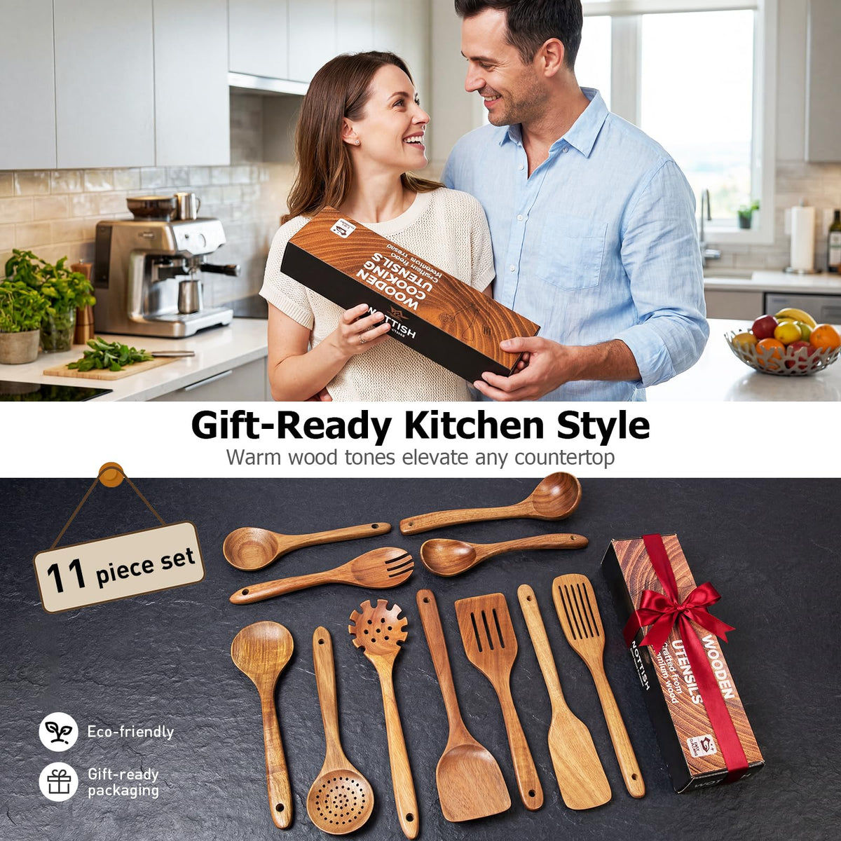 Wooden Spoons for Cooking - 8-Piece Wooden Kitchen Utensil Set made of Natural Solid Wood Material-Includes Spoons,Spatulas,Ladles,Mixing Spoon and Utensil Holder,Valentine's Day Gifts