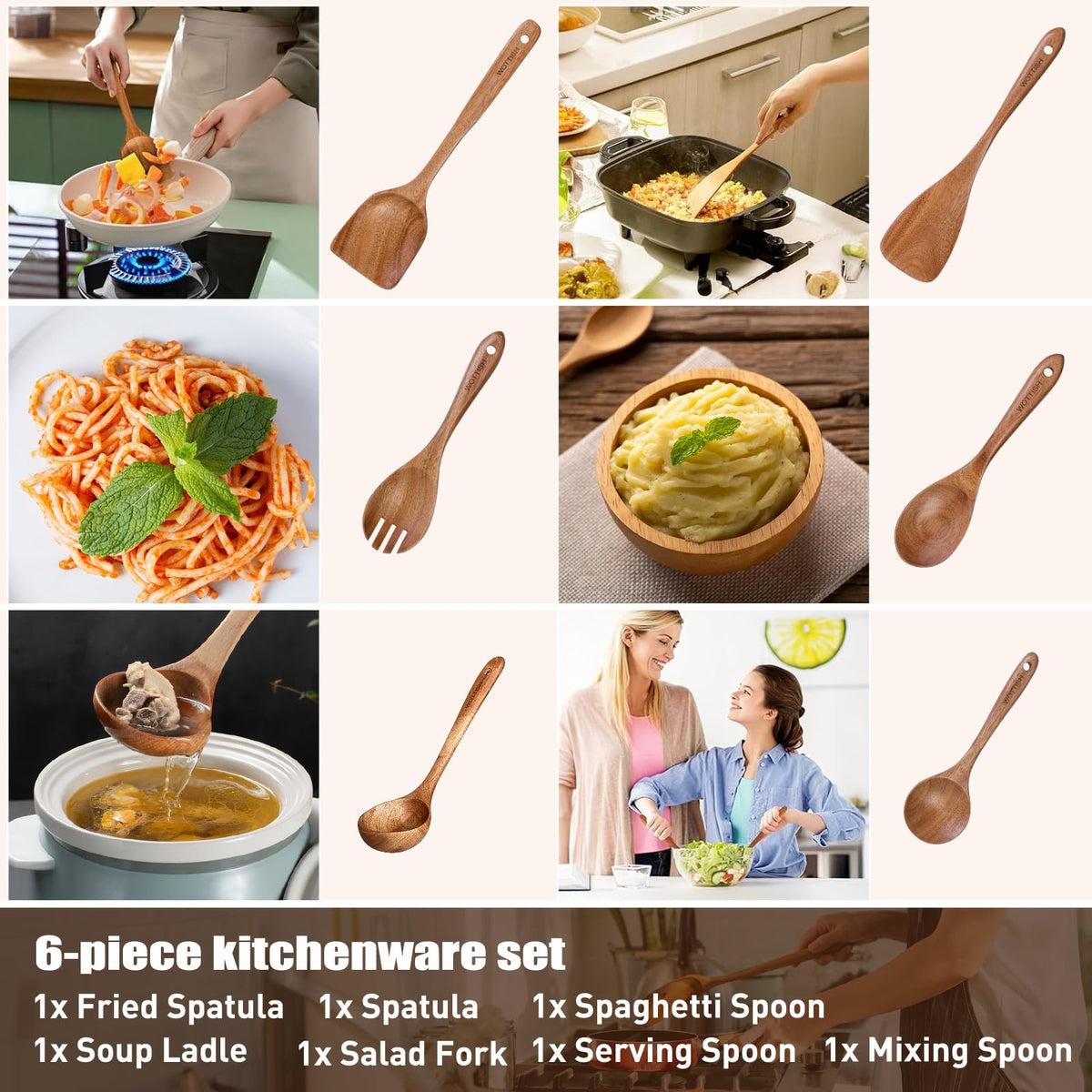 Wooden Spoons for Cooking - 8-Piece Wooden Kitchen Utensil Set made of Natural Solid Wood Material-Includes Spoons,Spatulas,Ladles,Mixing Spoon and Utensil Holder,Valentine's Day Gifts
