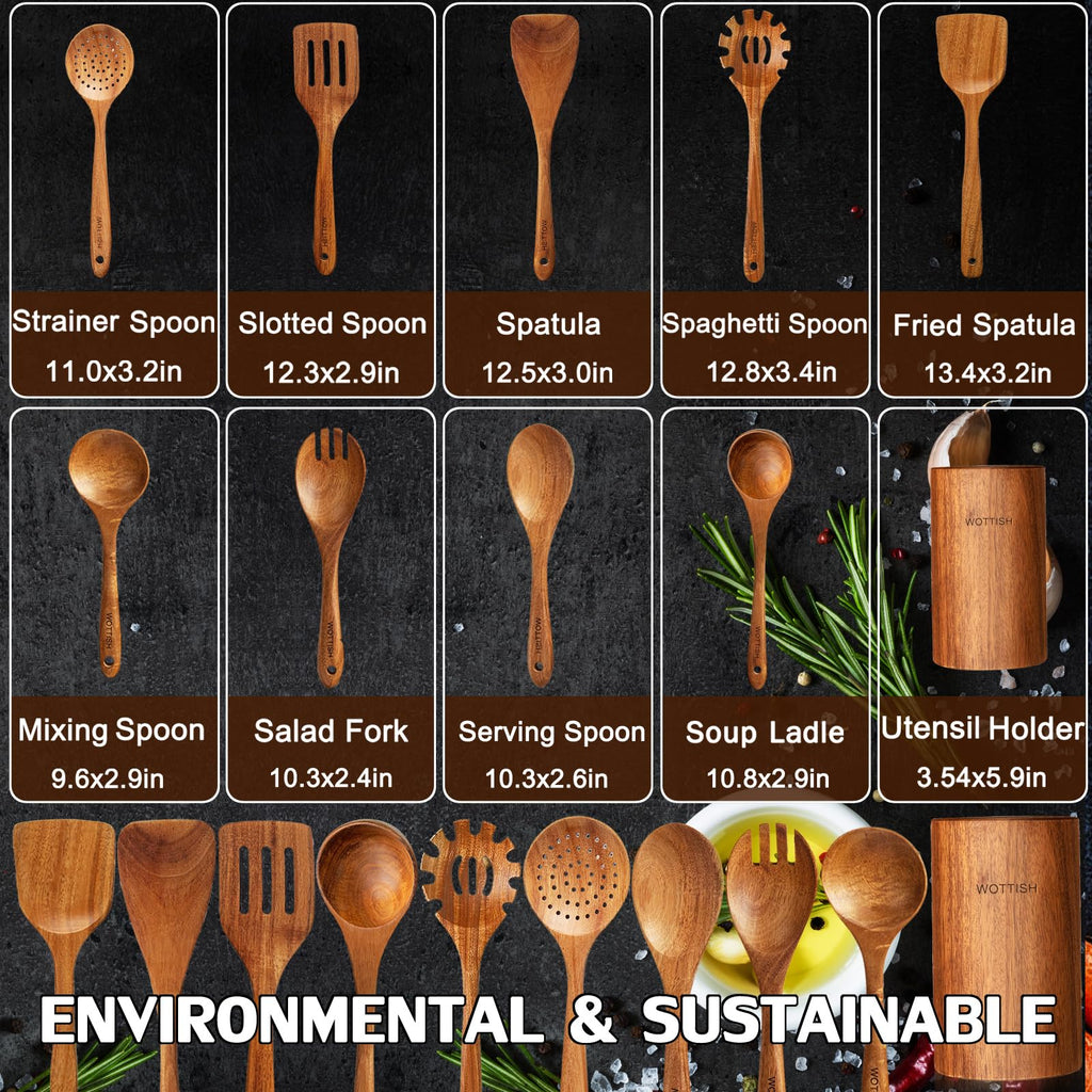 Wooden Spoons for Cooking - 8-Piece Wooden Kitchen Utensil Set made of Natural Solid Wood Material-Includes Spoons,Spatulas,Ladles,Mixing Spoon and Utensil Holder,Valentine's Day Gifts