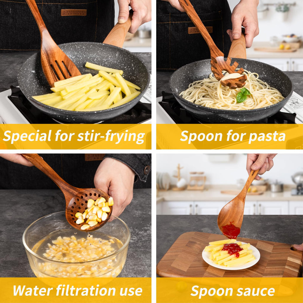 Gudamaye 13 inch Long Wooden Spoons for Cooking, 9 PCS Natural Teak Wooden Kitchen Utensil Set with Utensils Holder Made of Australia Camphor Laurel Wood，Wooden Utensils for Cooking