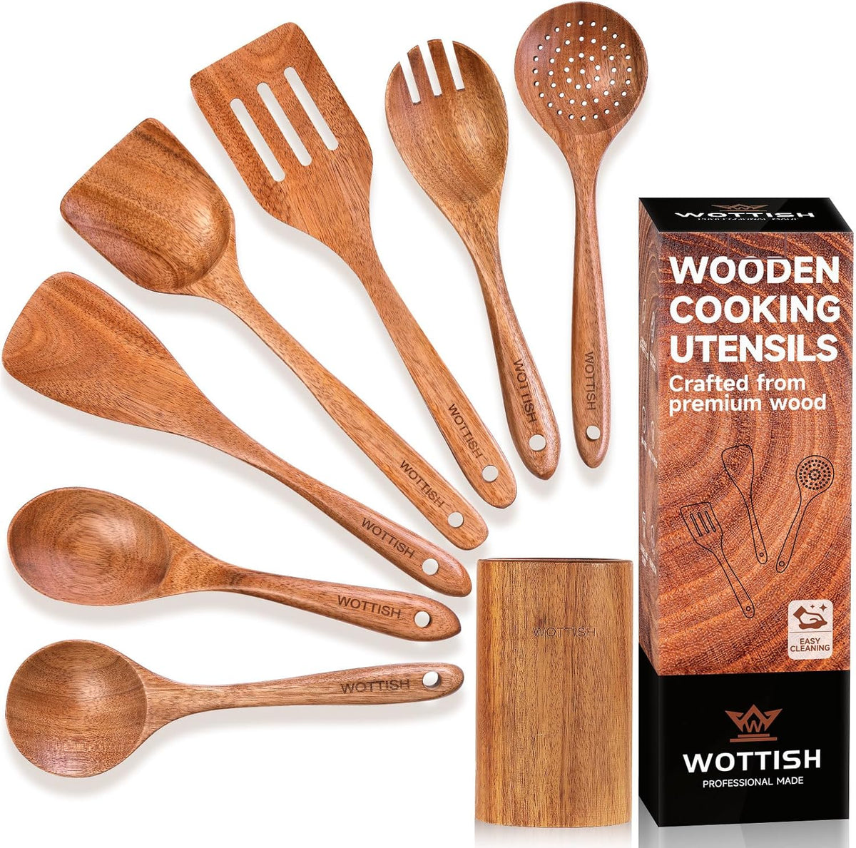 Wooden Spoons for Cooking - 8-Piece Wooden Kitchen Utensil Set made of Natural Solid Wood Material-Includes Spoons,Spatulas,Ladles,Mixing Spoon and Utensil Holder,Valentine's Day Gifts