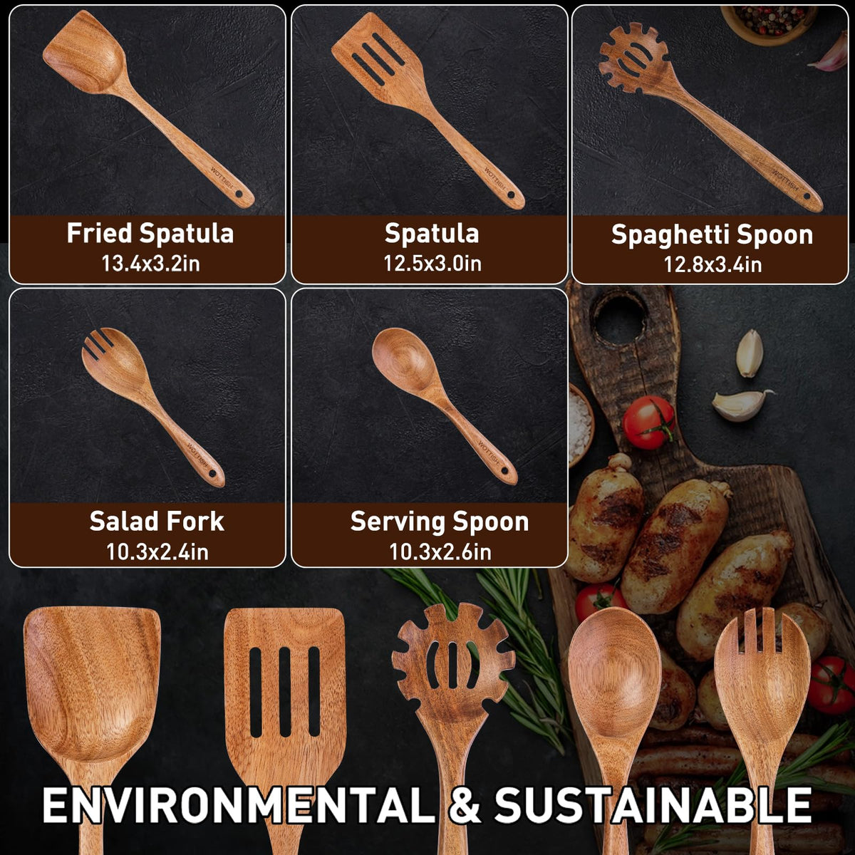 Wooden Spoons for Cooking - 8-Piece Wooden Kitchen Utensil Set made of Natural Solid Wood Material-Includes Spoons,Spatulas,Ladles,Mixing Spoon and Utensil Holder,Valentine's Day Gifts